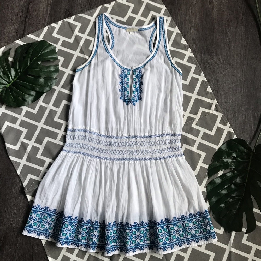 Shoshanna White/Blue Embroidered Sleeveless Dress